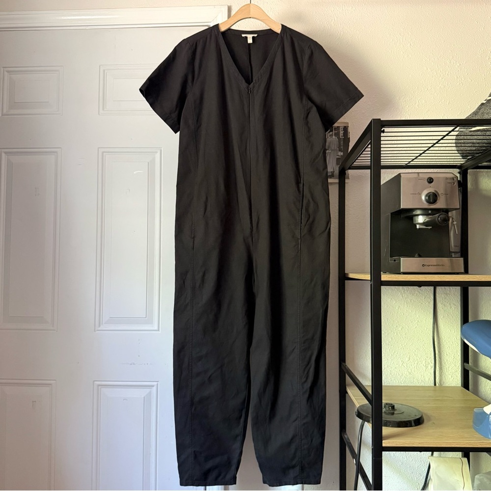 EILEEN FISHER black organic cotton hemp zip up short sleeve cropped jumpsuit - Picture 1 of 8